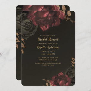 Brown Moody Dark Floral Gold Greenery Bridal Invitation