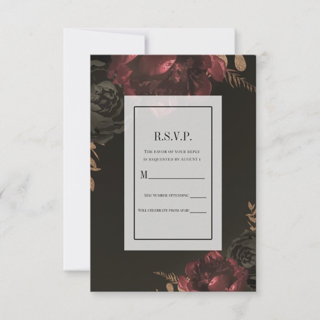  Brown Moody Dark Floral Gold Greenery RSVP Reply Invitation (Front)
