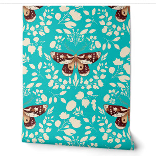 Brown Moth & Cream Foliage Wallpaper on Turquoise