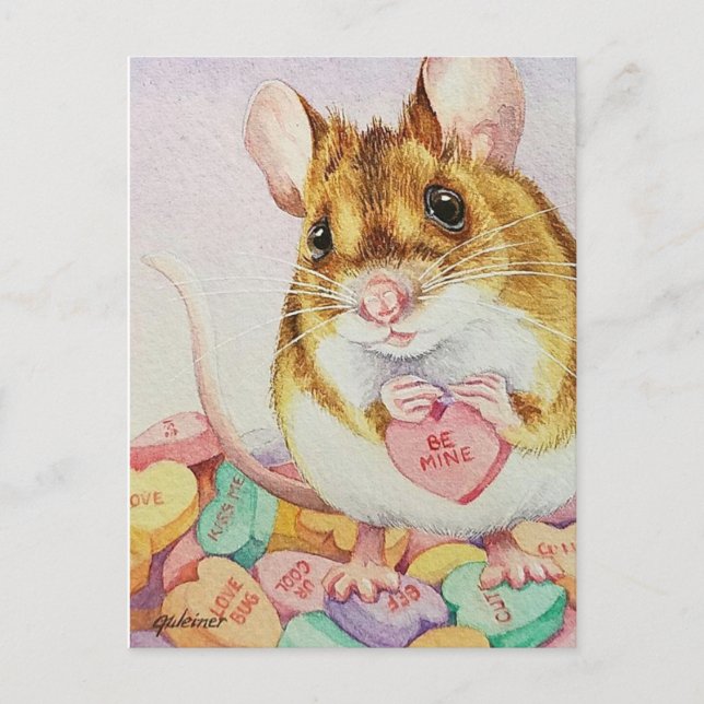 Brown Mouse Be Mine Valentine Candy Watercolor Art Postcard (Front)