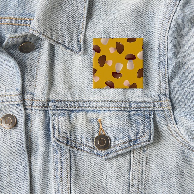 Brown Mushroom Pattern on Mustard Yellow 2 Inch Square Button (Creator Uploaded)