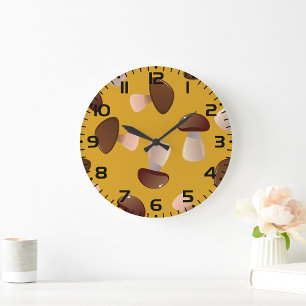Brown Mushroom Pattern on Mustard Yellow Large Clock