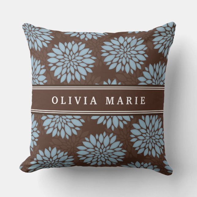 Brown Name Baby Blue Flower Blossom Pattern Throw Pillow (Front)