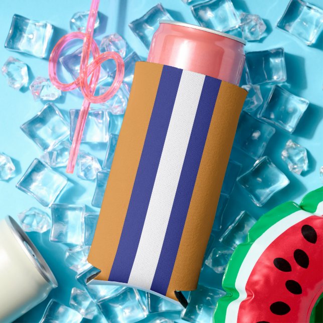 Brown, navy blue and white stripes seltzer can cooler (In Situ Summer)