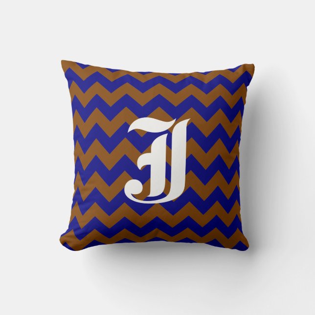 Brown Navy Zigzag Pattern with Monogram Throw Pillow (Front)