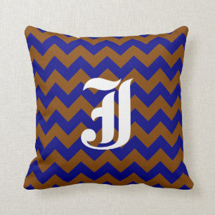 Brown Navy Zigzag Pattern with Monogram Throw Pillow