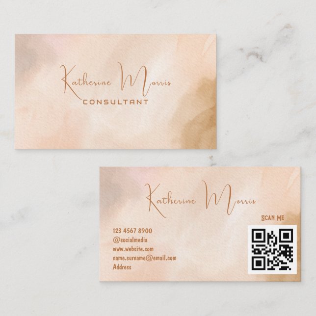 Brown Neutral Tone Minimalist QR Code Professional Business Card (Front/Back)