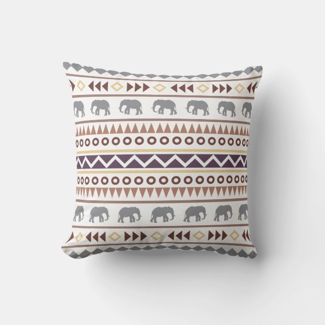 Brown Neutrals Tribal Elephant Throw Pillow (Front)