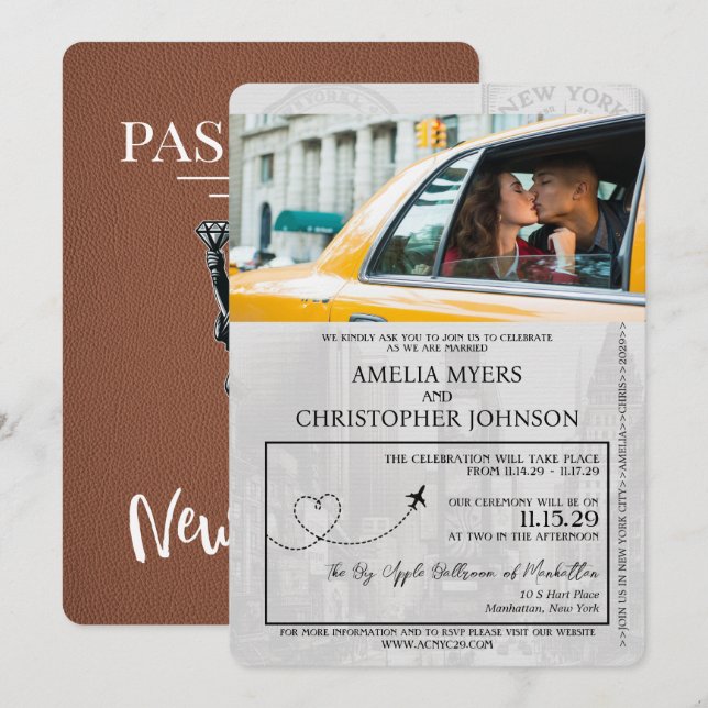 Brown New York City Passport Wedding Invitation (Front/Back)