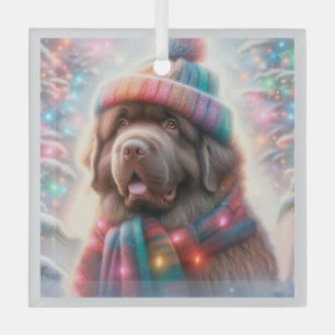 Brown Newfoundland in Winter Beanie Portrait Glass Ornament