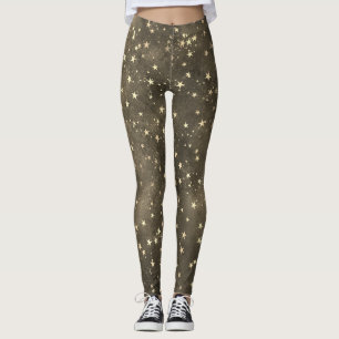 Brown night sky celestial gold star pattern leggings