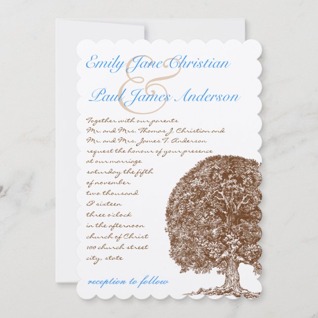 Brown Oak Tree Aqua Blue Font Faire-part de mariag (Devant)