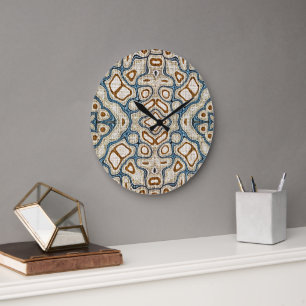 Brown Ochre Teal Blue Hip Bohemian Art Large Clock