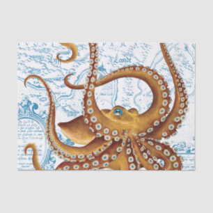 Brown Octopus Blue Vintage Map Tissue Paper