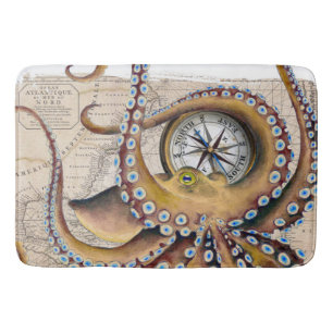 Brown Octopus Vintage Map Compass Bath Mat