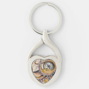 Brown Octopus Vintage Map Compass Keychain