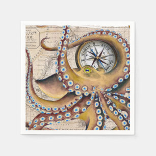 Brown Octopus Vintage Map Compass Napkin