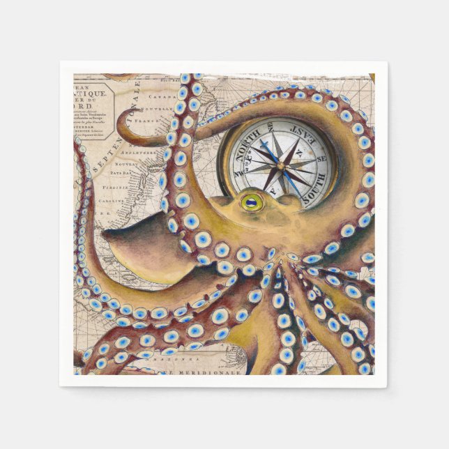 Brown Octopus Vintage Map Compass Napkin (Front)