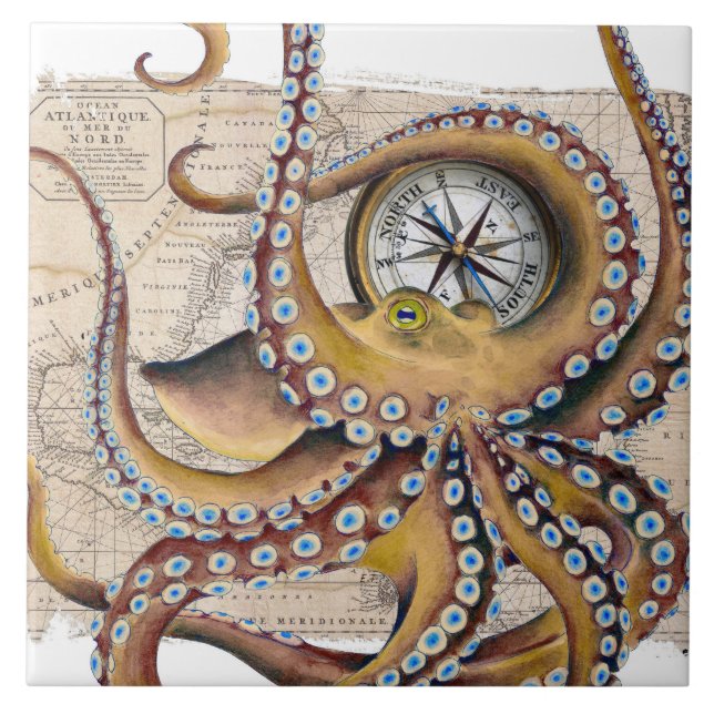 Brown Octopus Vintage Map Compass Tile (Front)