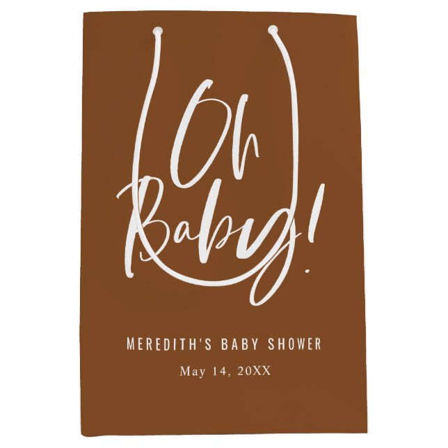 Brown Oh Baby Simple Calligraphy Baby Shower Medium Gift Bag (Front)
