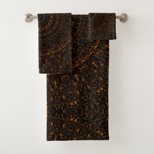 Brown on Black Mandala Kaleidoscope Medallion Bath Towel Set
