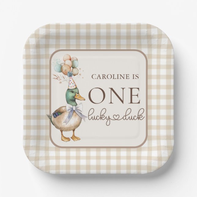 Brown One Lucky Duck Balloon 1st Birthday Paper Plate (Front)