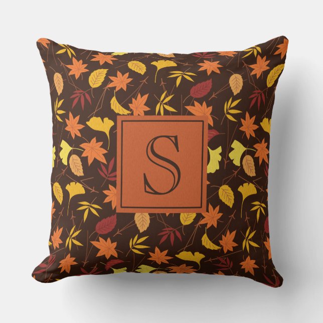 Brown Orange and Yellow Fall Leaves Monogram Throw Pillow (Front)