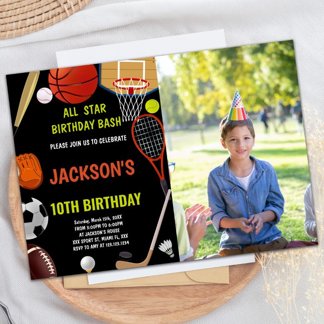 Brown Orange Black Photo Sports Birthday Invitation (Brown Orange Black Photo Sports Birthday Invitation)