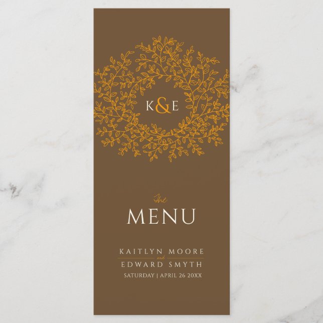 Brown orange botanic leaf drawing monogram wedding menu (Front)