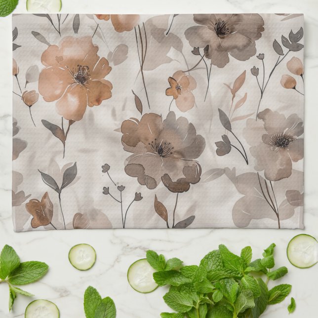 Brown Orange Cream Flowers Kitchen Towel (Folded)