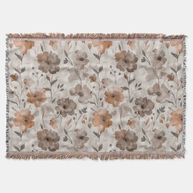 Brown Orange Cream Flowers Throw Blanket (Front)