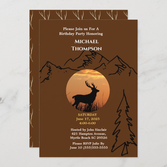Brown Orange Deer Sunset  Birthday Invitation (Front/Back)