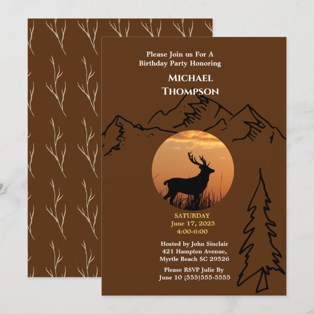 Brown Orange Deer Sunset Invitation Anniversaire (Devant / Derrière)