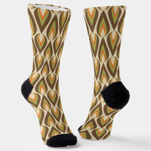Brown, Orange, Green Retro Geometric Teardrops Socks