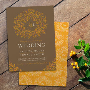 Brown orange hand drawn leaf monogram art wedding invitation