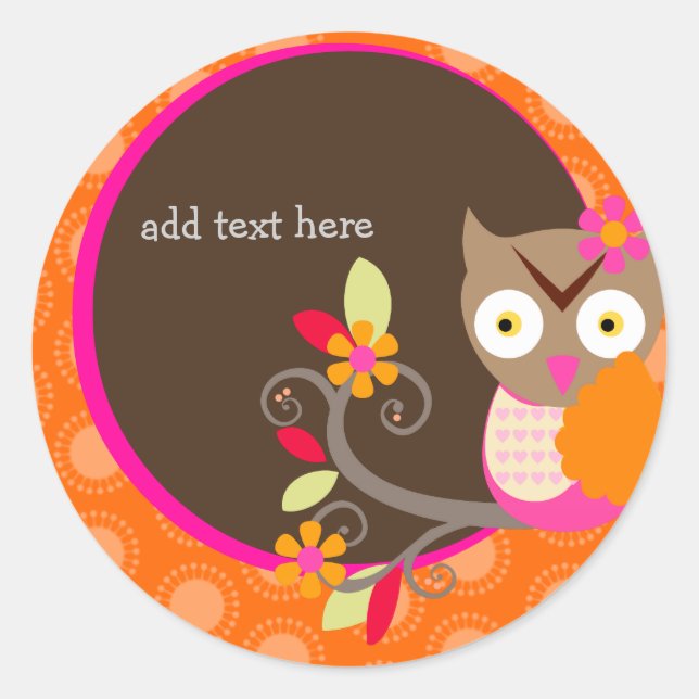 Brown+Orange+Hot Pink Owl stickers/add monogram Classic Round Sticker (Front)