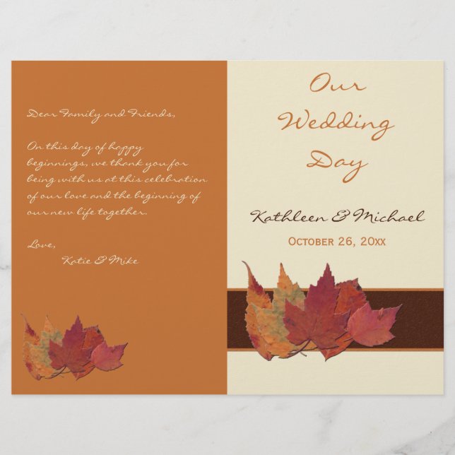 Brown Orange Ivory Dried Leaves Wedding Program (Front)