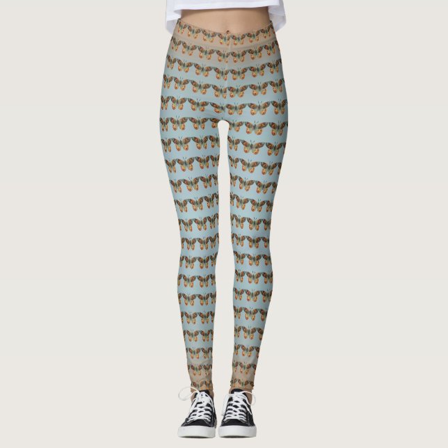 Brown Orange Monarch Butterflies on light Blue Leggings (Front)