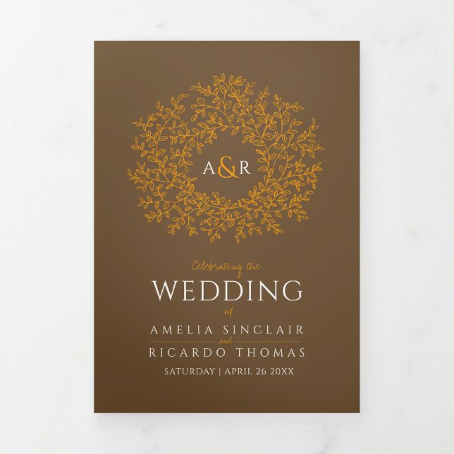 Brown orange monogram art story dedication wedding Tri-Fold programme (Cover)