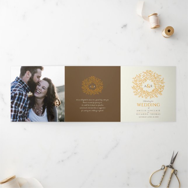 Brown orange monogram dedication photo wedding Tri-Fold programme (Outside)