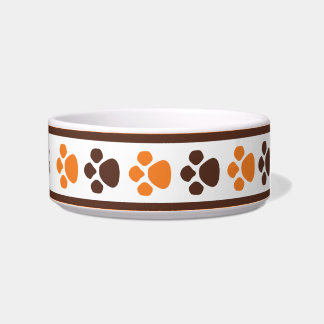Brown & Orange Paw Prints Personalized Cat Bowl