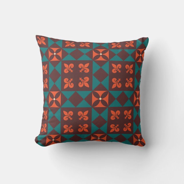 Brown Orange Retro Geometric Pattern Throw Pillow (Front)