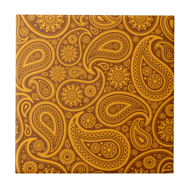 Brown & Orange Vintage Paisley Damask Pattern Tile (Front)