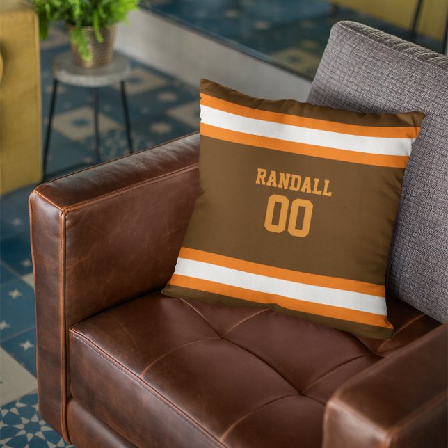 Brown, Orange & White Football Team Personalized Throw Pillow (Creator Uploaded)