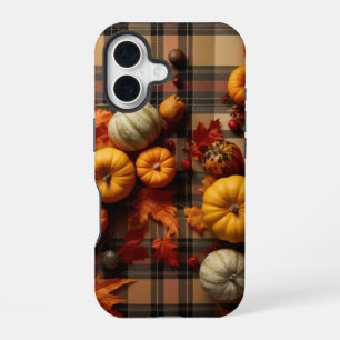 BROWN ORANGE YELLOW FALL PLAID PATTERN & PUMPKINS iPhone 16 CASE
