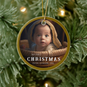 Brown Outline My First Baby Christmas Photo Ceramic Ornament