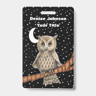 Brown Owl Golden Eyes Blue Necklace Stars Moon Badge