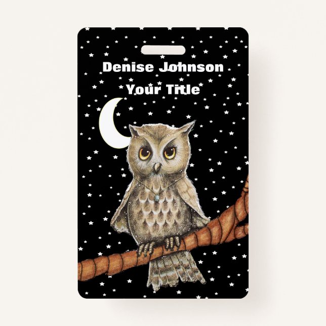 Brown Owl Golden Eyes Blue Necklace Stars Moon Badge (Front)