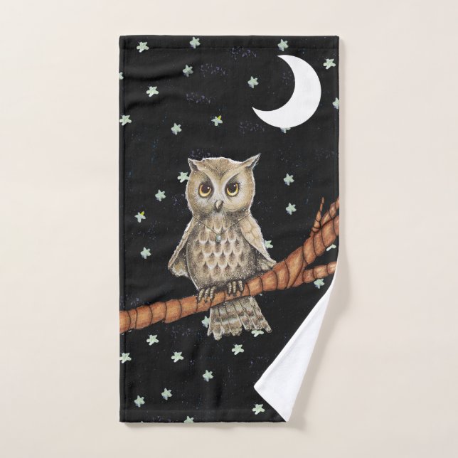 Brown Owl Golden Eyes Necklace Moon Stars Hand Towel (Hand Towel)