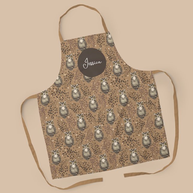 Brown Owl Illustrated Woodland Pattern Apron (Woodland Owl Pattern with Name Apron)